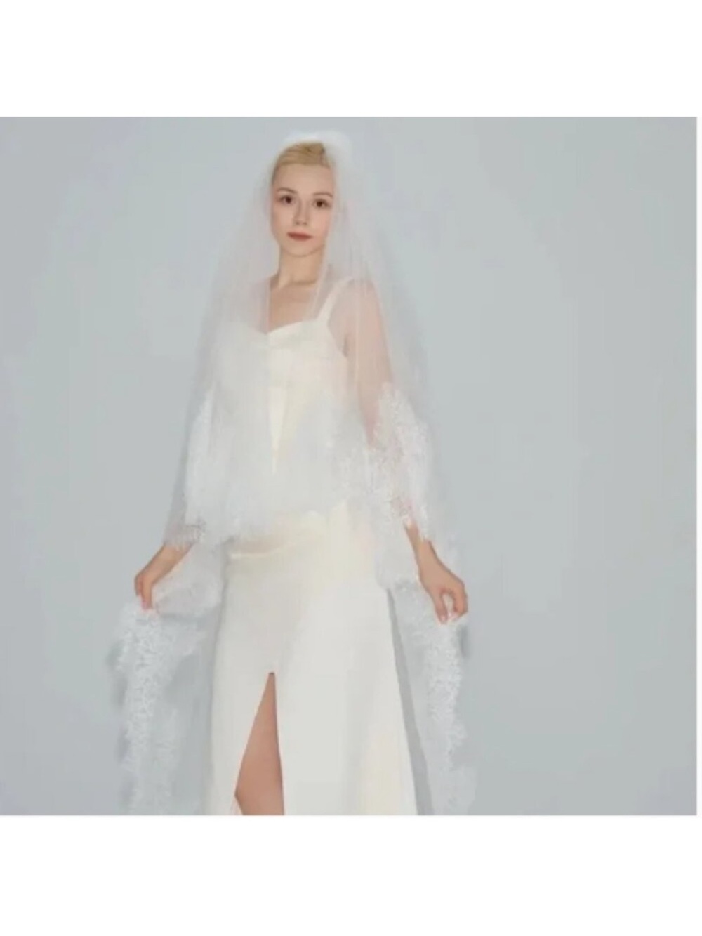 Dreamy Dramatic Drop White French Floral Eyelash Lace Cathedral Wedding Veil